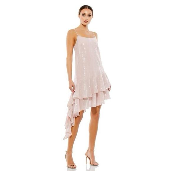 $398 IEENA Mac Duggal Sz 8 Asymmetric Ruffle Skirt Sequins Short Dress Rose READ
